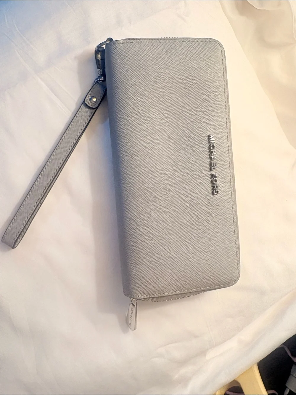 Michael Kors Light Gray Saffiano Zip Wallet with Silver Hardware